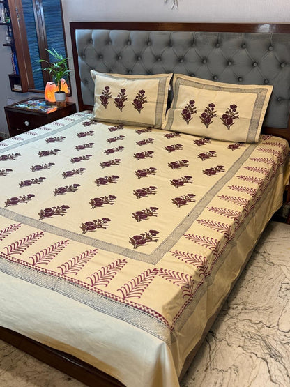 Reva – Hand Block Printed Beige Coloured Double Bedsheet Set