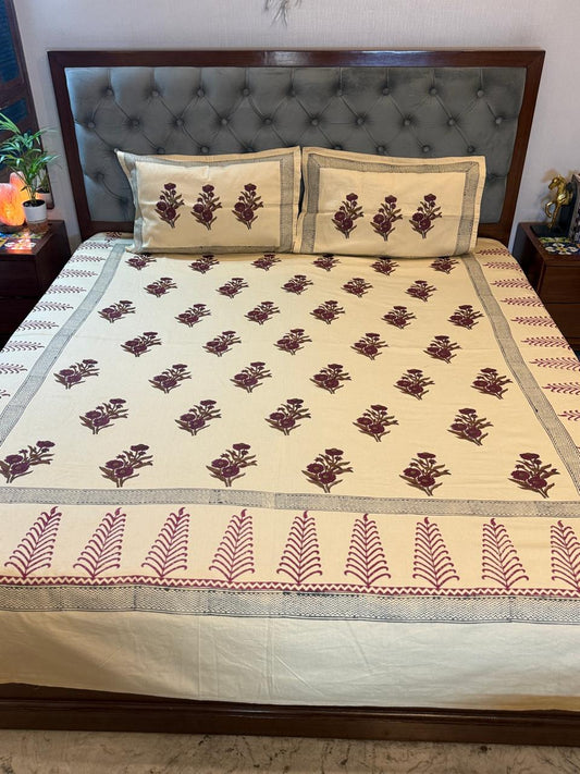 Reva – Hand Block Printed Beige Coloured Double Bedsheet Set