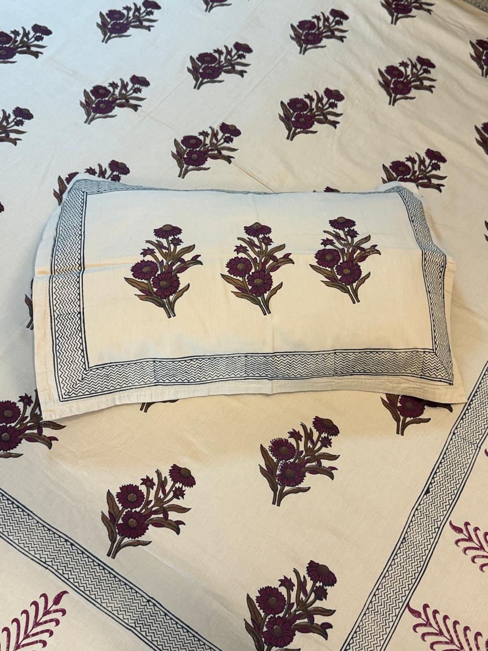 Reva – Hand Block Printed Beige Coloured Double Bedsheet Set