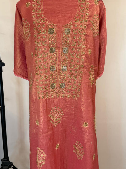 Kumuda - Coral Red Tissue Unstitched Kurta Cloth and Dupatta with Work