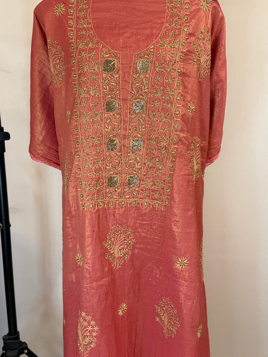 Kumuda - Coral Red Tissue Unstitched Kurta Cloth and Dupatta with Work
