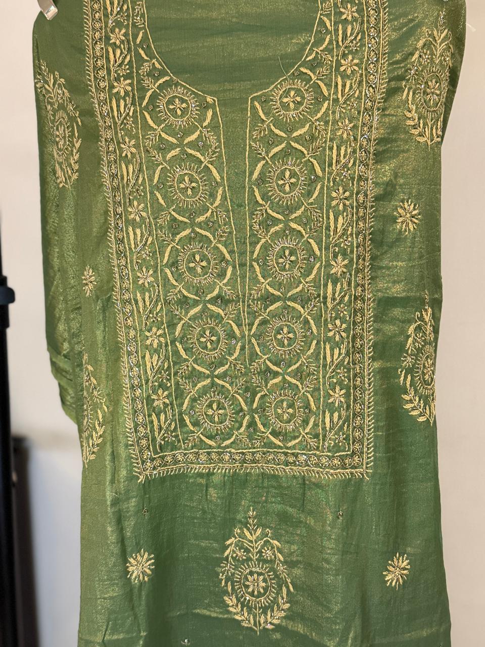 Aranya - Mehndi Green Tissue Unstitched Kurta Cloth and Dupatta with Work
