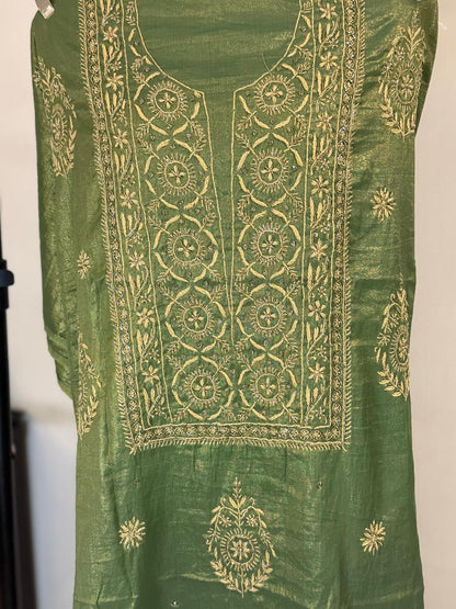 Aranya - Mehndi Green Tissue Unstitched Kurta Cloth and Dupatta with Work