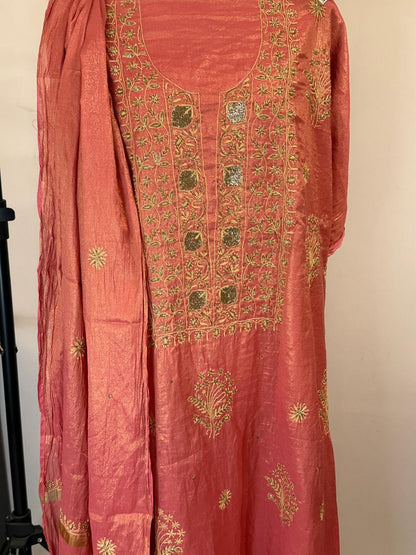 Kumuda - Coral Red Tissue Unstitched Kurta Cloth and Dupatta with Work