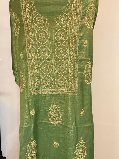 Aranya - Mehndi Green Tissue Unstitched Kurta Cloth and Dupatta with Work