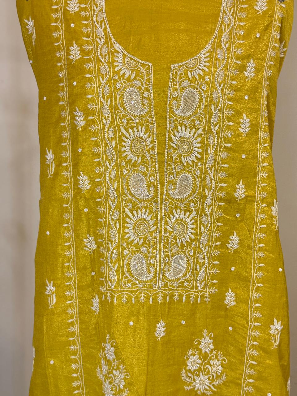 Suvarna - Sunshine Yellow Tissue Unstitched Kurta Cloth and Dupatta with Pearl Work