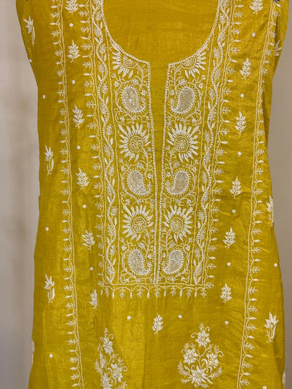 Suvarna - Sunshine Yellow Tissue Unstitched Kurta Cloth and Dupatta with Pearl Work