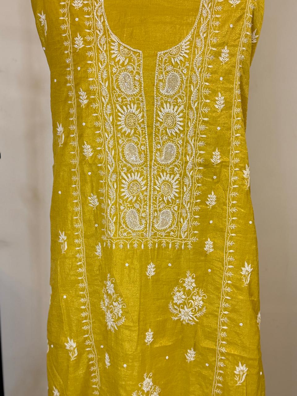 Suvarna - Sunshine Yellow Tissue Unstitched Kurta Cloth and Dupatta with Pearl Work