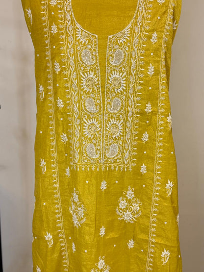 Suvarna - Sunshine Yellow Tissue Unstitched Kurta Cloth and Dupatta with Pearl Work