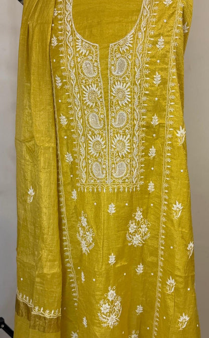 Suvarna - Sunshine Yellow Tissue Unstitched Kurta Cloth and Dupatta with Pearl Work