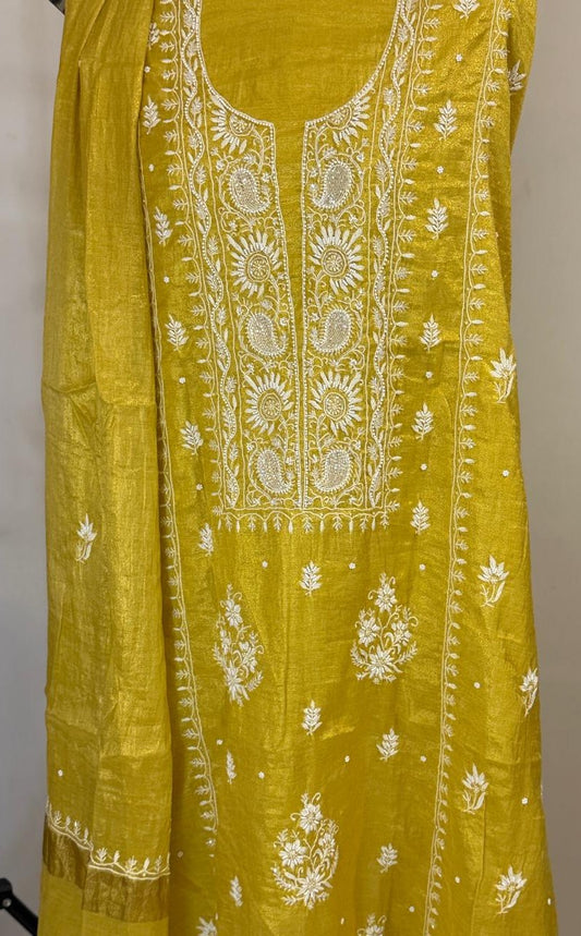 Suvarna - Sunshine Yellow Tissue Unstitched Kurta Cloth and Dupatta with Pearl Work
