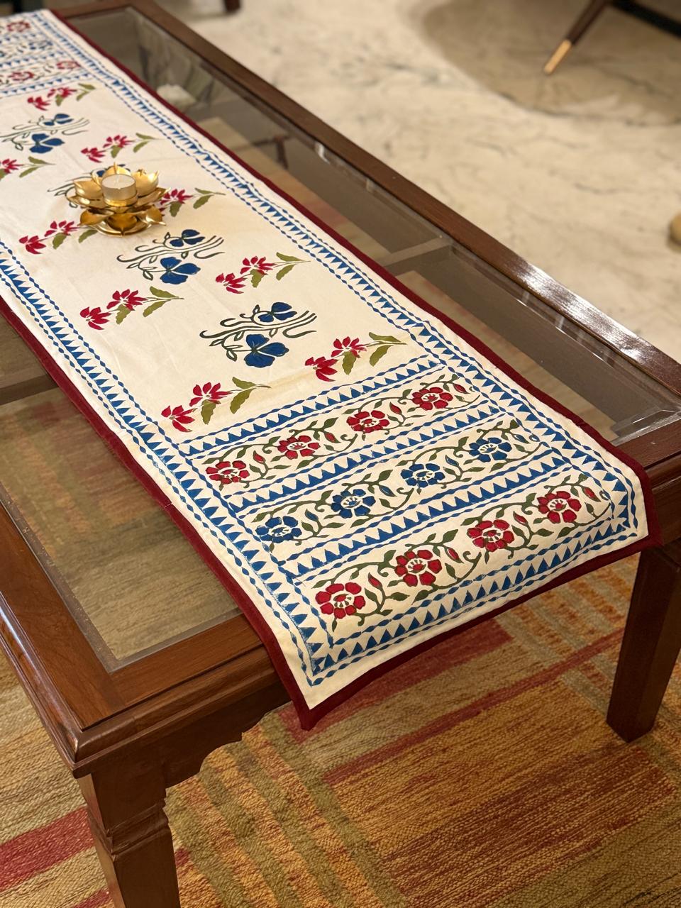 Aangan - Hand Block Printed Table Runner with border piping