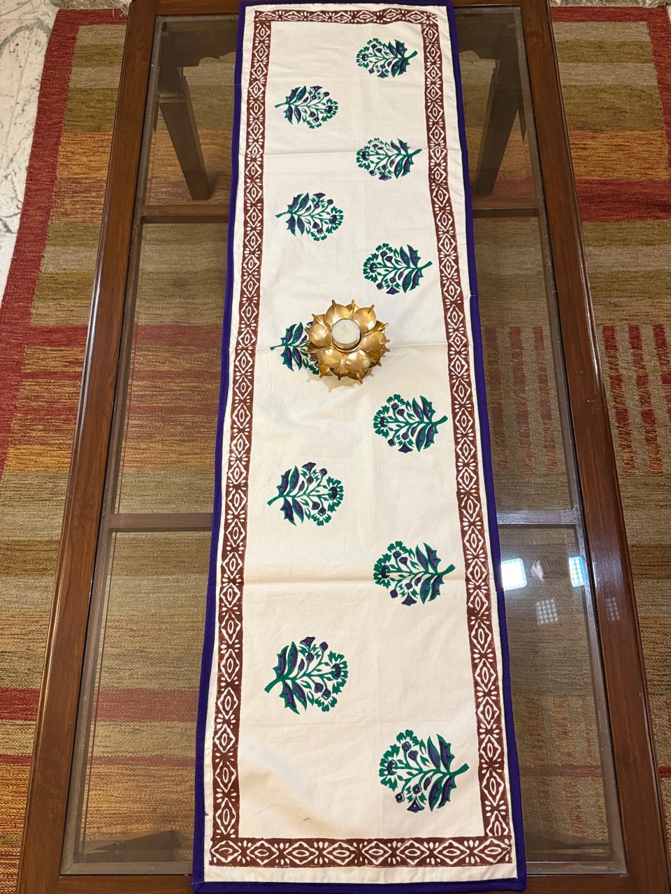 Madhavi - Hand Block Print Coffee Table Runner with border piping (12"x44")