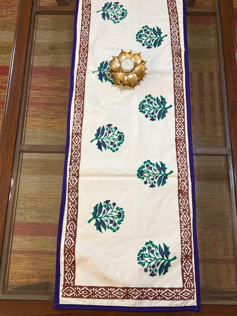 Madhavi - Hand Block Print Coffee Table Runner with border piping (12"x44")