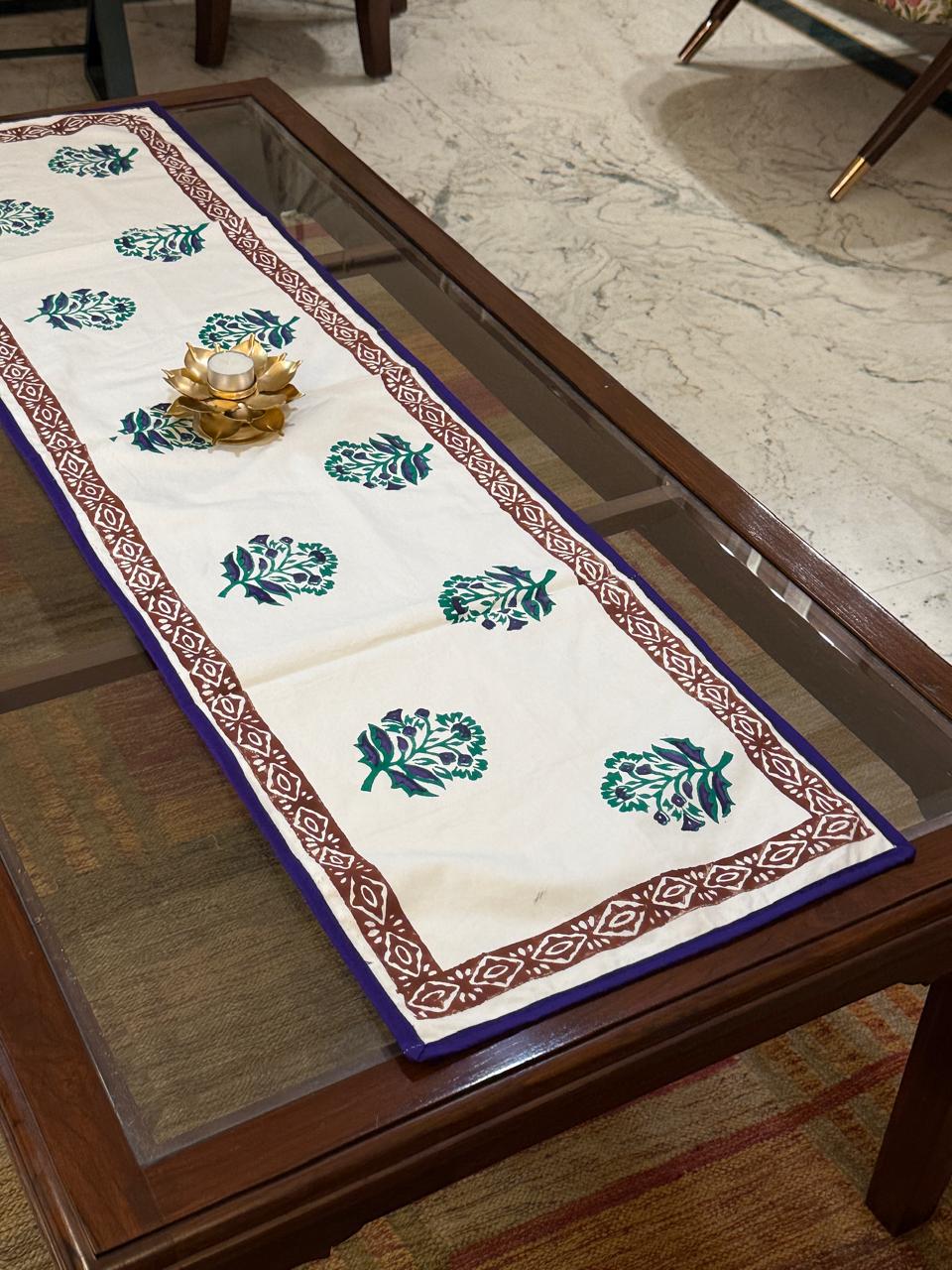 Madhavi - Hand Block Print Coffee Table Runner with border piping (12"x44")
