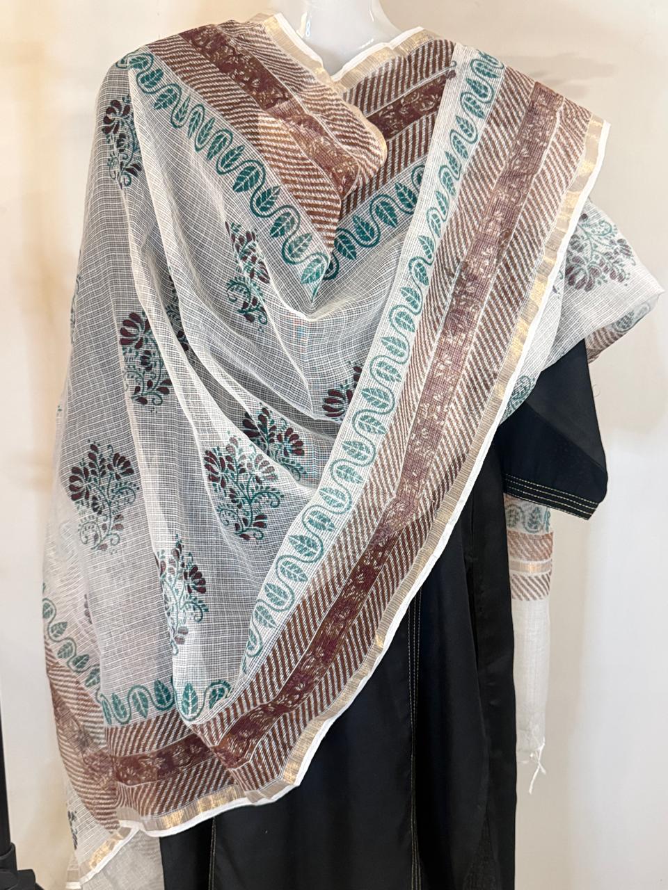 Mira - Hand Block Printed White Kota Doria Dupatta