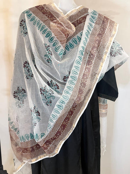 Mira - Hand Block Printed White Kota Doria Dupatta