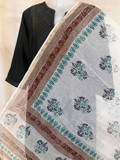 Mira - Hand Block Printed White Kota Doria Dupatta