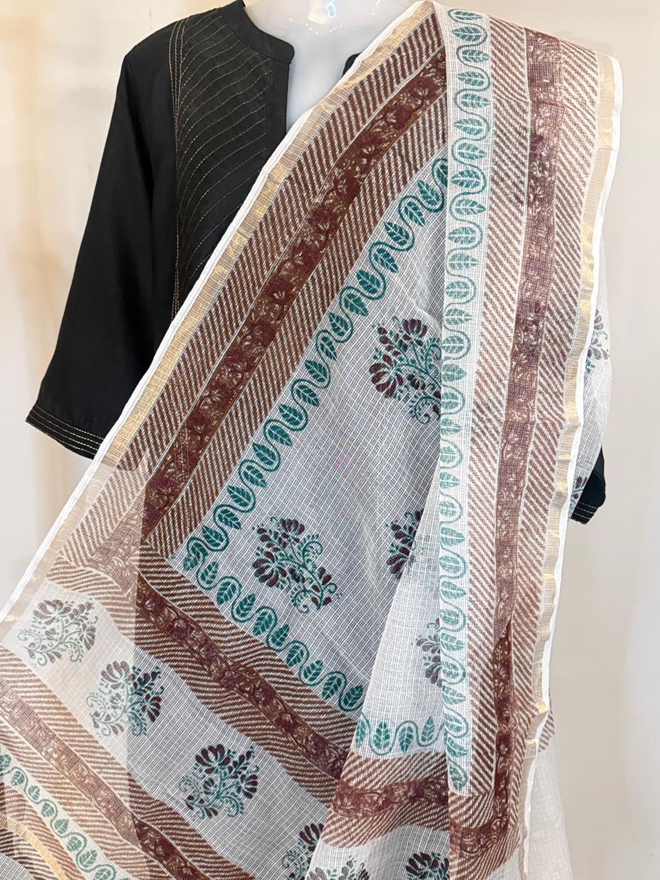 Mira - Hand Block Printed White Kota Doria Dupatta
