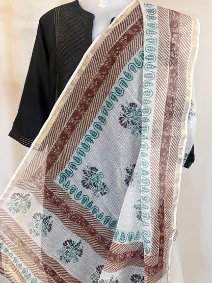 Mira - Hand Block Printed White Kota Doria Dupatta