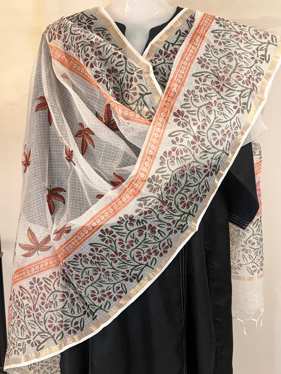 Nysa - Hand Block Printed White Kota Doria Dupatta
