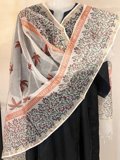 Nysa - Hand Block Printed White Kota Doria Dupatta