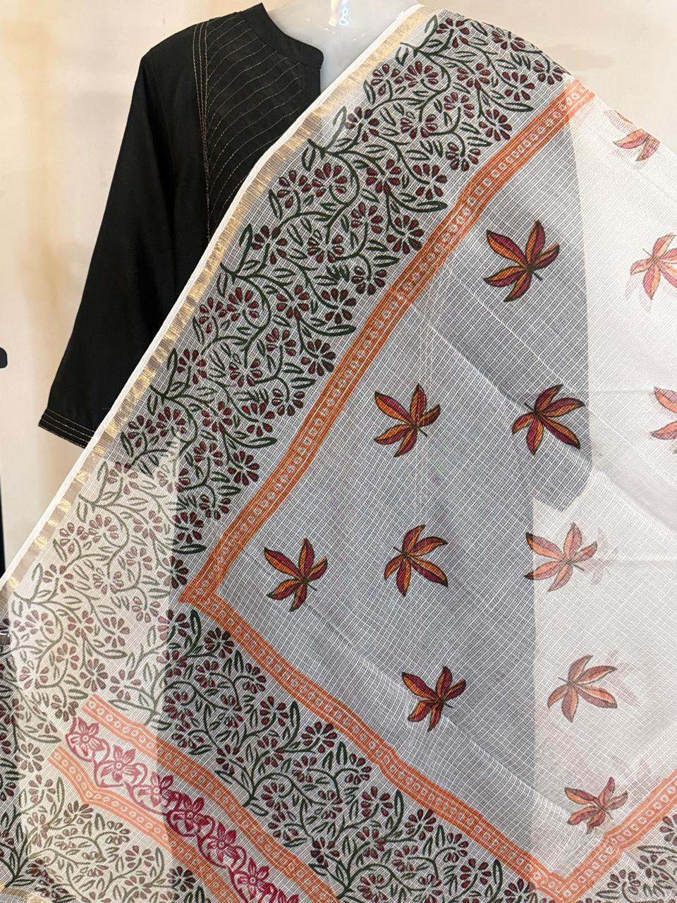 Nysa - Hand Block Printed White Kota Doria Dupatta