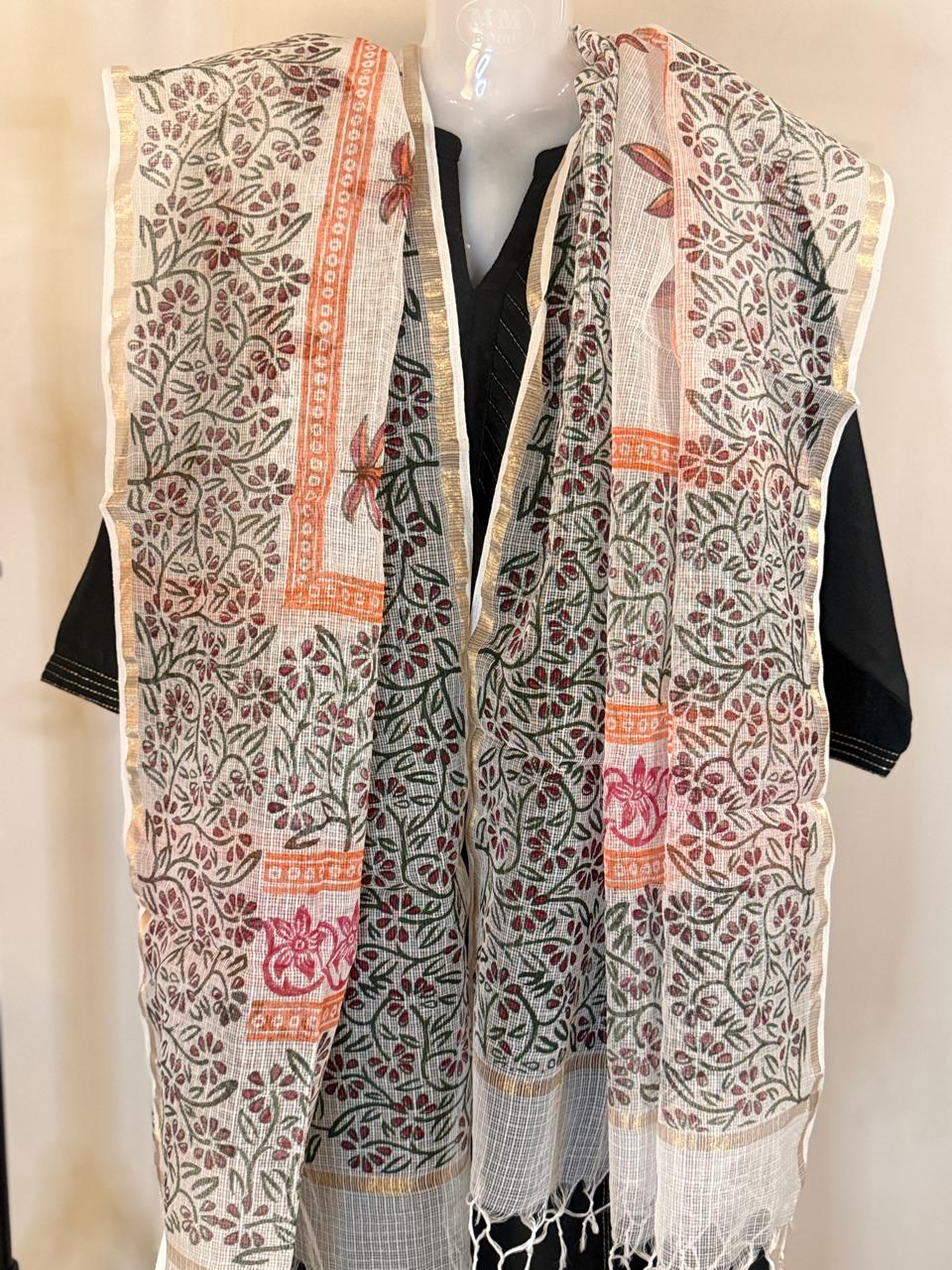 Nysa - Hand Block Printed White Kota Doria Dupatta