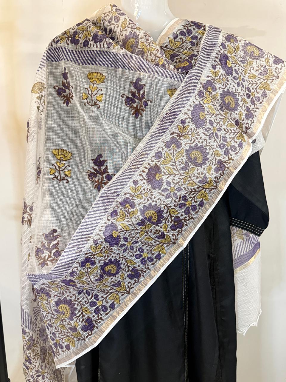 Ziva - Hand Block Printed White Kota Doria Dupatta