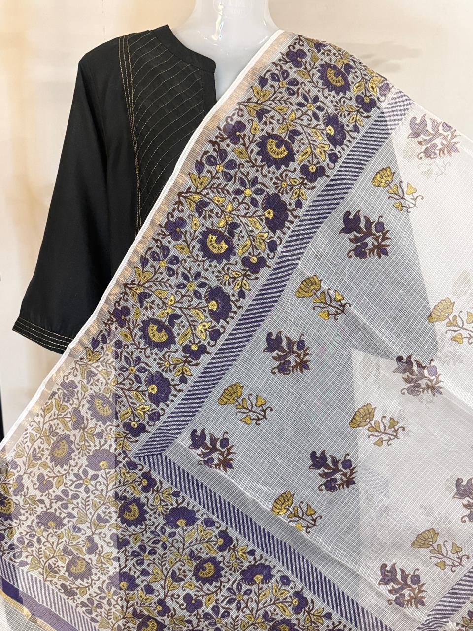 Ziva - Hand Block Printed White Kota Doria Dupatta