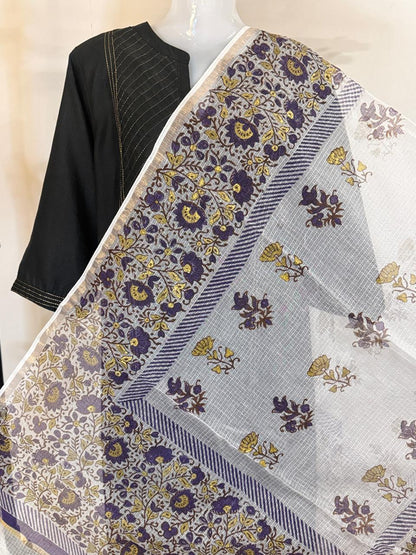 Ziva - Hand Block Printed White Kota Doria Dupatta
