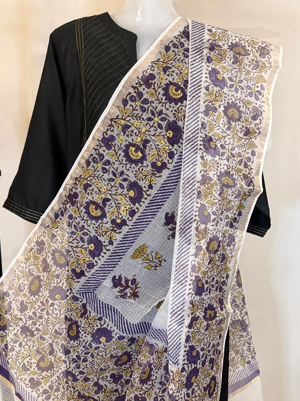 Ziva - Hand Block Printed White Kota Doria Dupatta