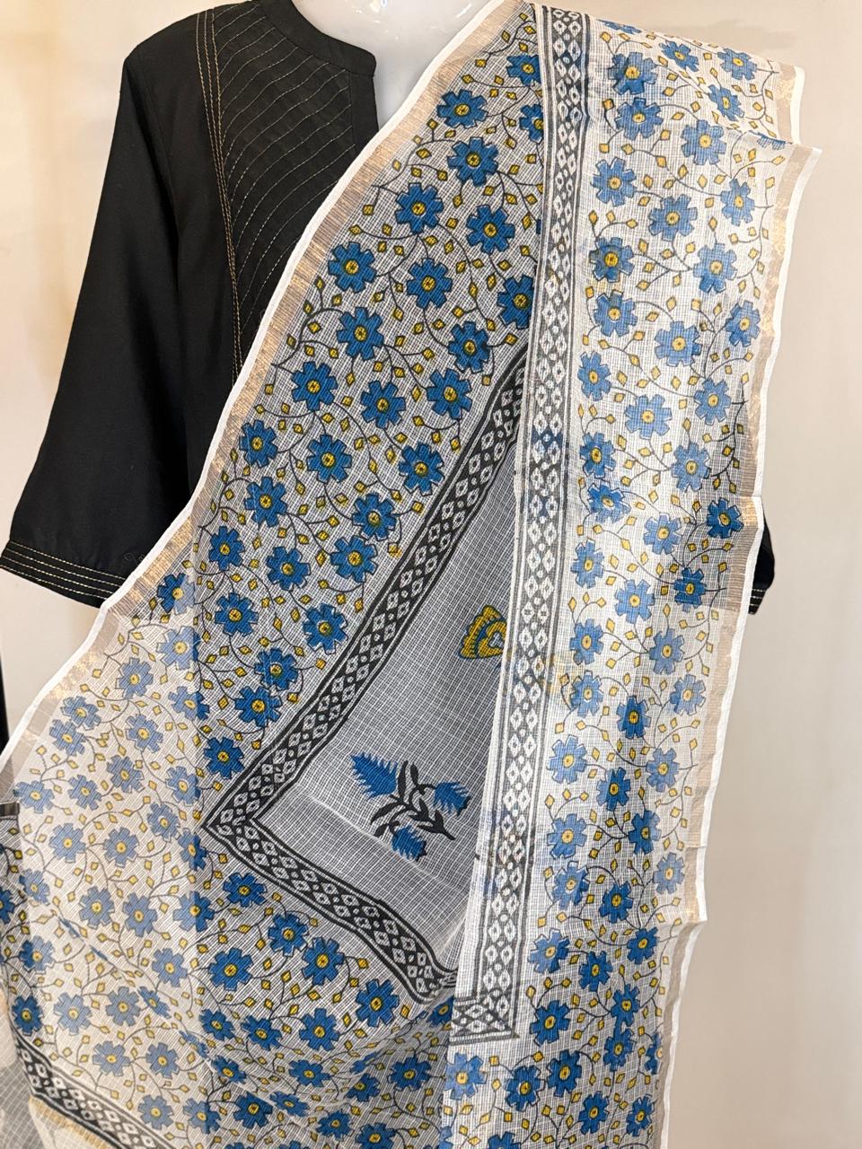 Tapti - Hand Block Printed White Kota Doria Dupatta