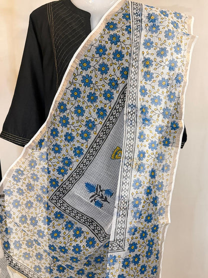 Tapti - Hand Block Printed White Kota Doria Dupatta