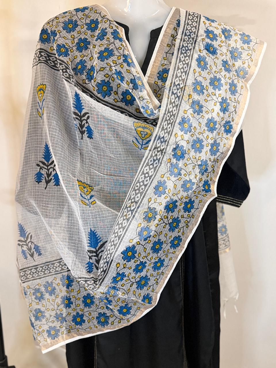 Tapti - Hand Block Printed White Kota Doria Dupatta