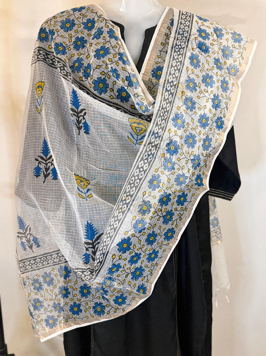 Tapti - Hand Block Printed White Kota Doria Dupatta
