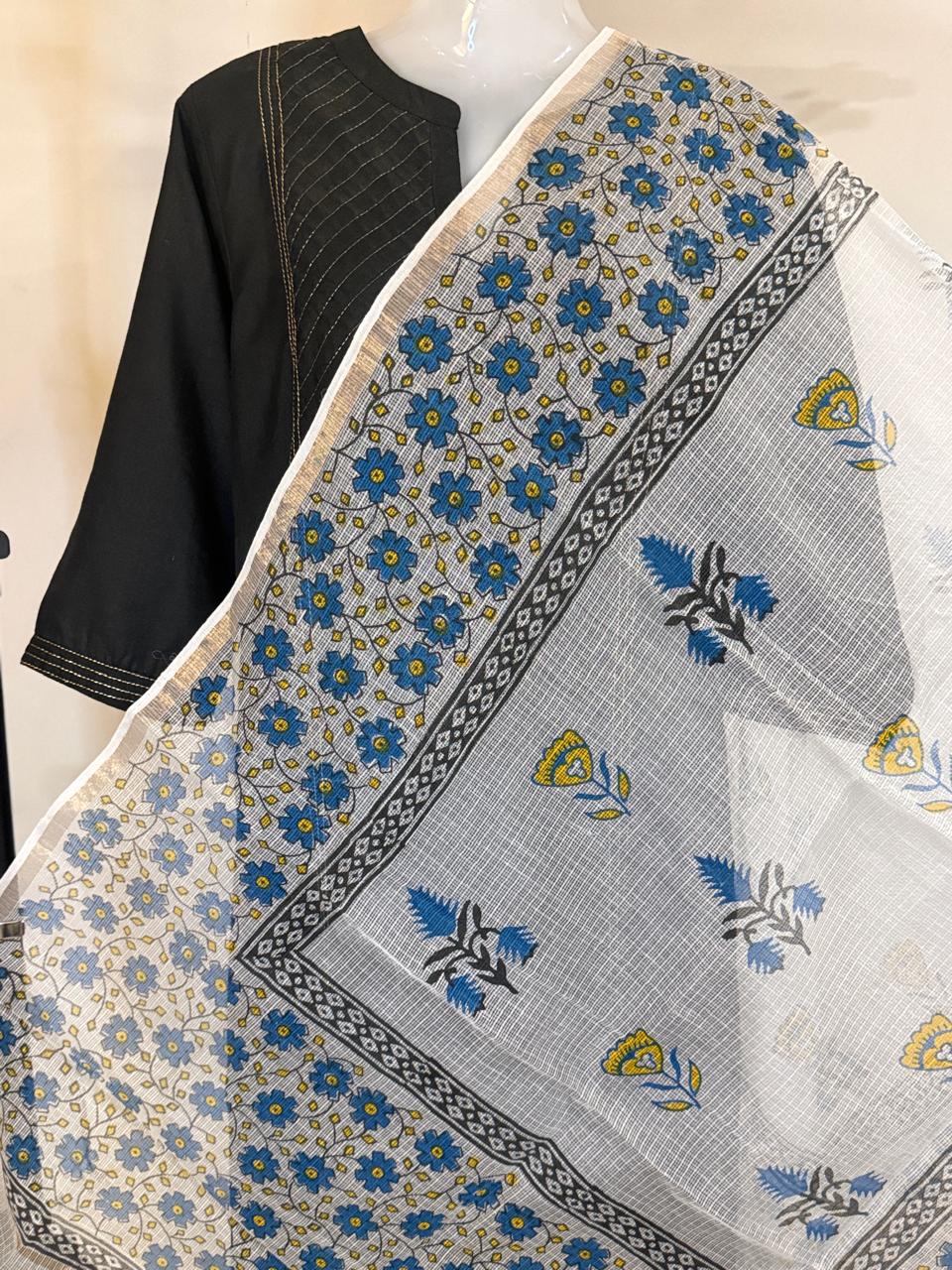 Tapti - Hand Block Printed White Kota Doria Dupatta