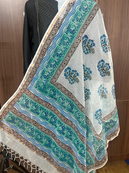 Prithika - Hand Block Printed White Kota Doria Dupatta