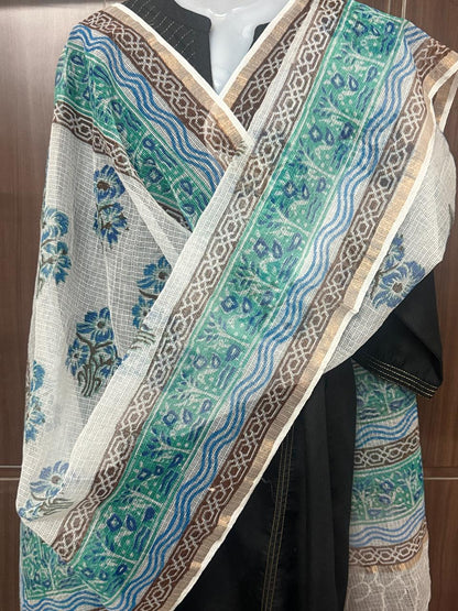 Prithika - Hand Block Printed White Kota Doria Dupatta