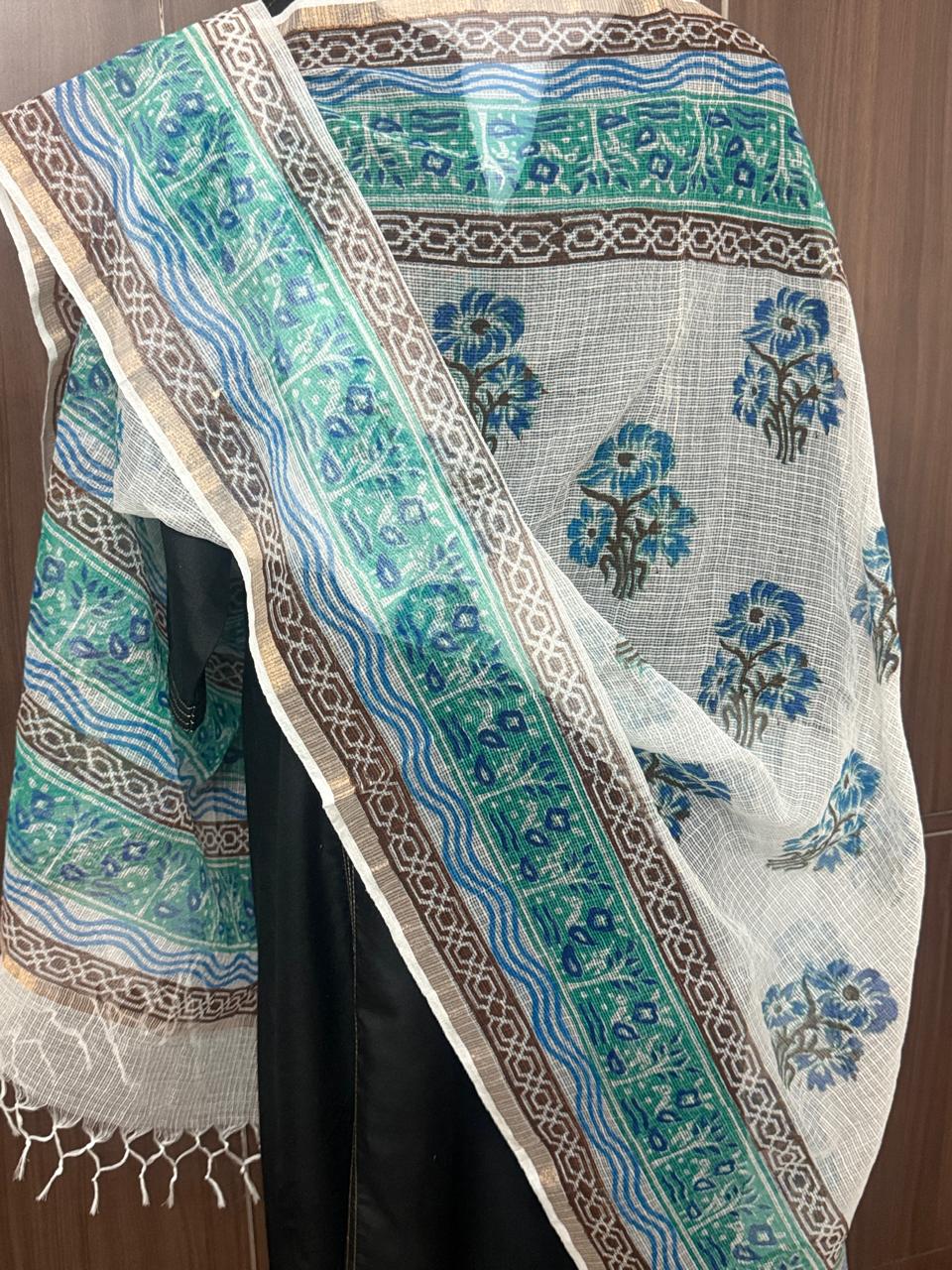 Prithika - Hand Block Printed White Kota Doria Dupatta