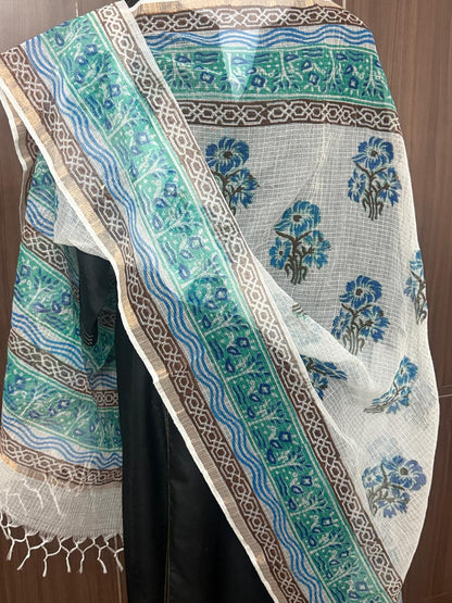 Prithika - Hand Block Printed White Kota Doria Dupatta
