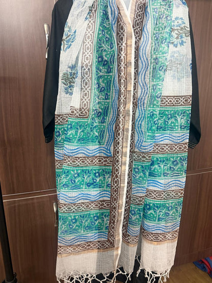 Prithika - Hand Block Printed White Kota Doria Dupatta