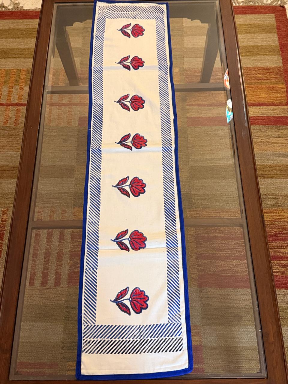 Vanya - Hand Block Print Coffee Table Runner with border piping (11"x48")
