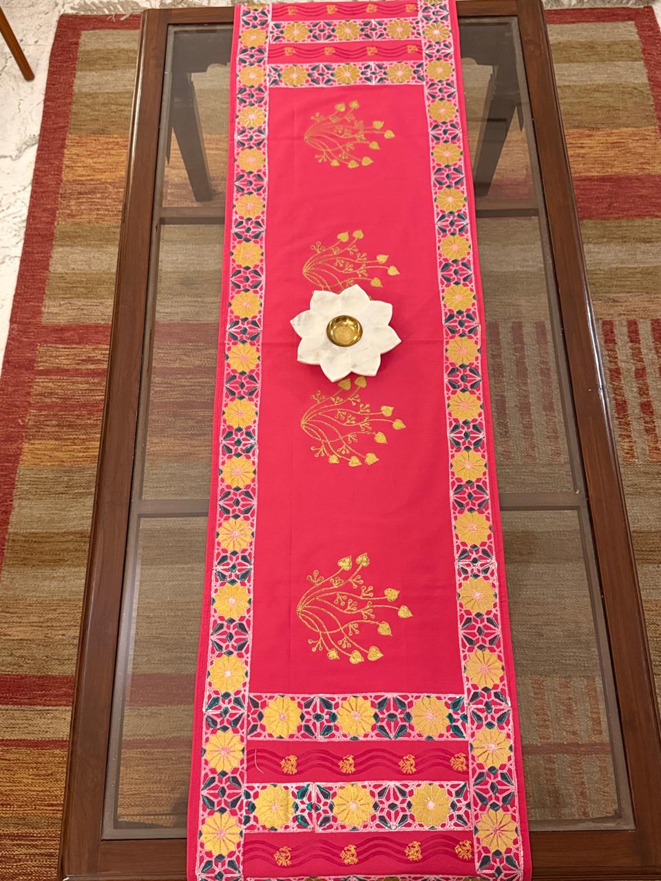Ranjana - Hand Block Print, Fuschsia Pink, Dining Table Runner (15"x58")