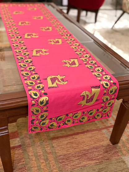 Pakhee - Hand Block Print, Fuchsia Pink, Dining Table Runner (15"x58")