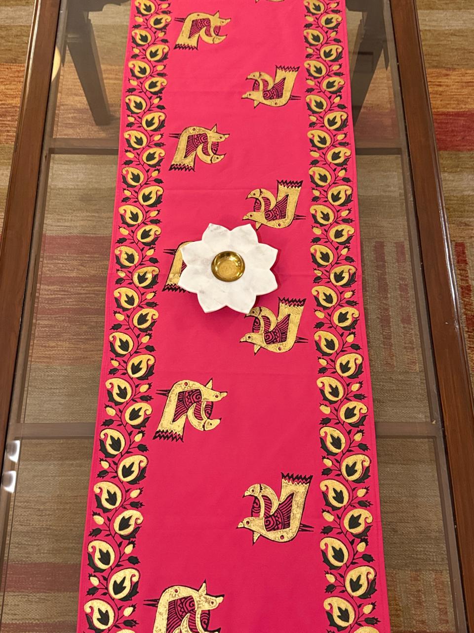 Pakhee - Hand Block Print, Fuchsia Pink, Dining Table Runner (15"x58")