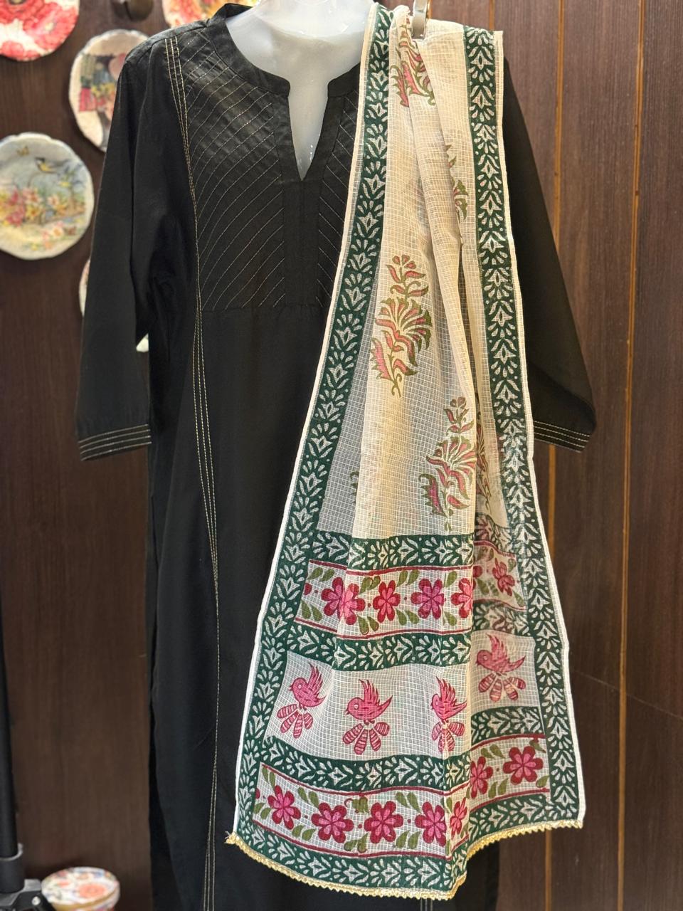 Pink and Green Hand Block Printed White Kota Doria Stole