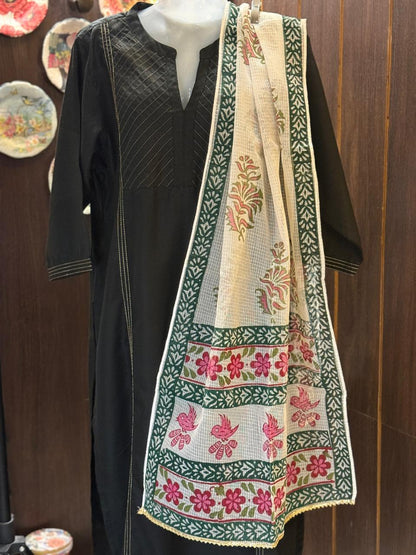Pink and Green Hand Block Printed White Kota Doria Stole