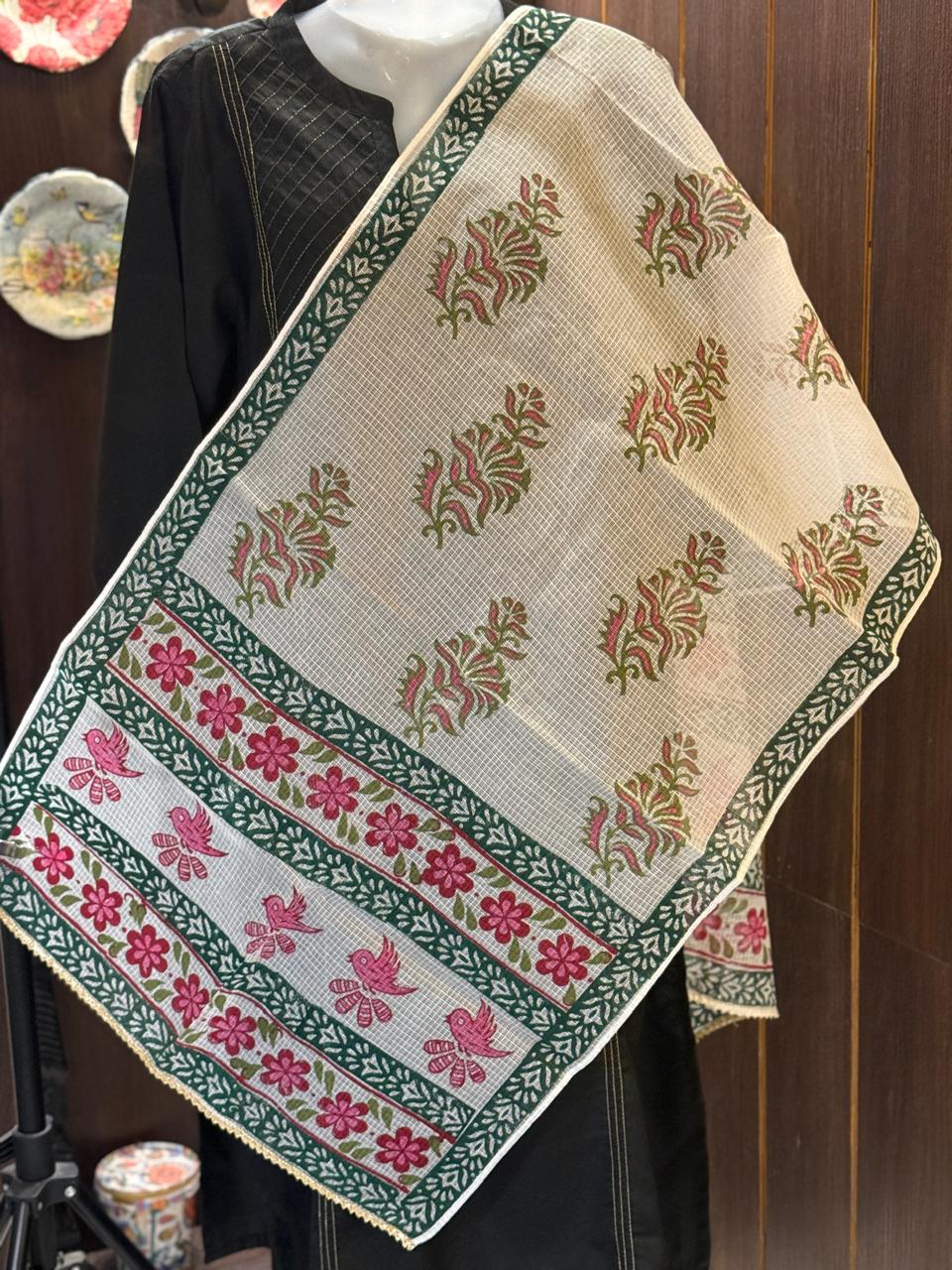Pink and Green Hand Block Printed White Kota Doria Stole