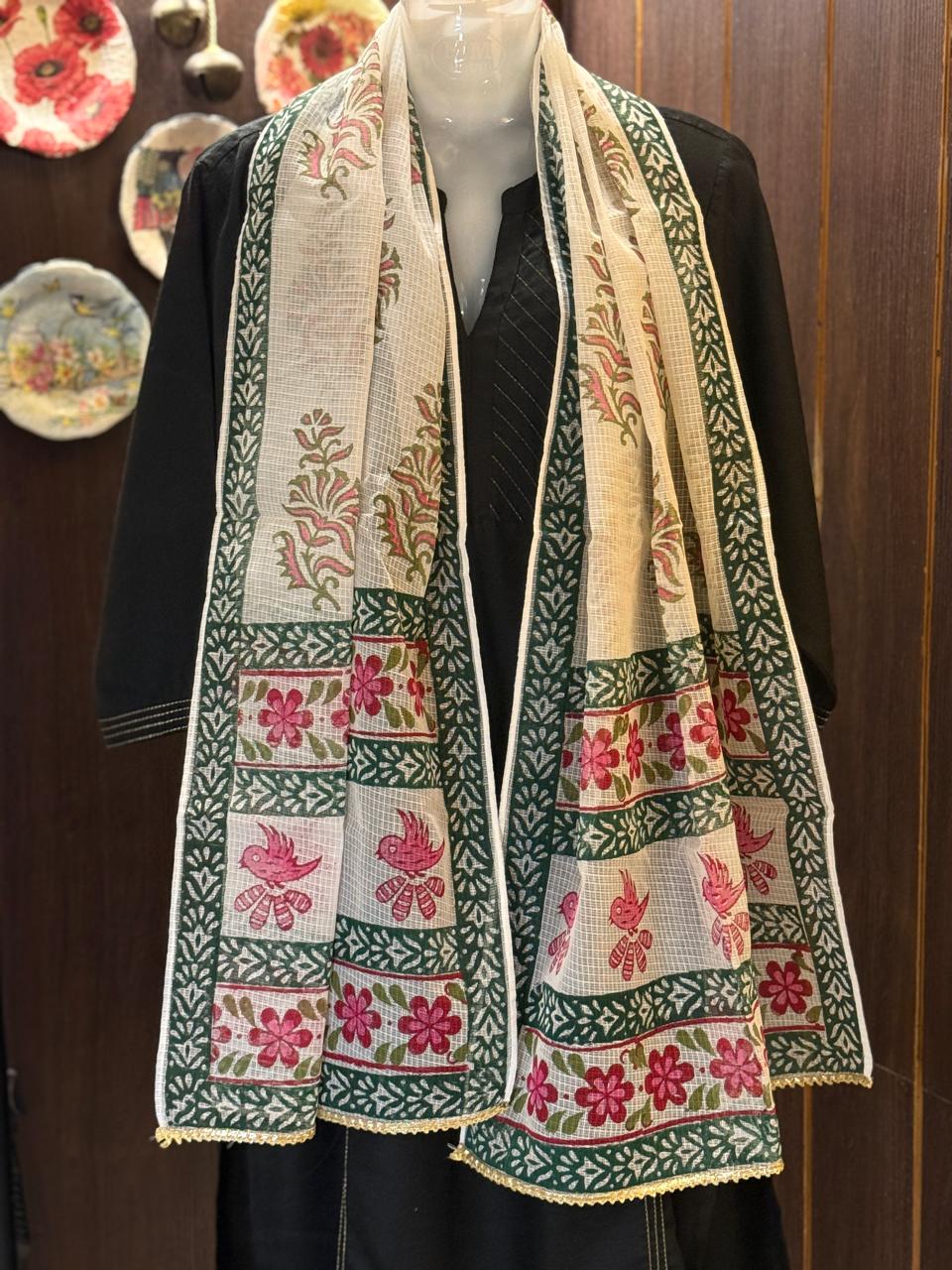 Pink and Green Hand Block Printed White Kota Doria Stole